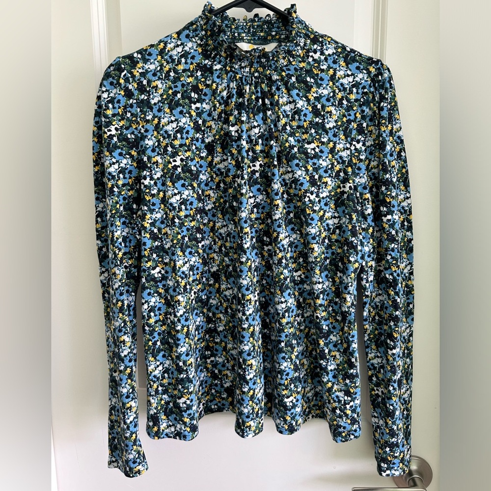 BODEN Connie Jersey High Neck Floral Smocked Top Blue Yellow Size US 10